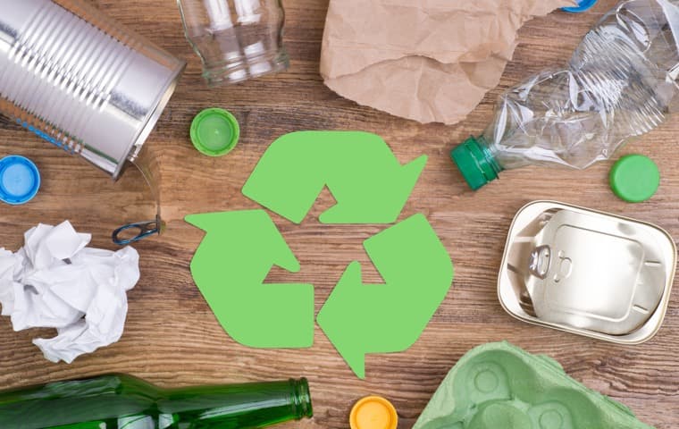 Förpackningar ligger på ett träunderlag och omger en återvinningssymbol