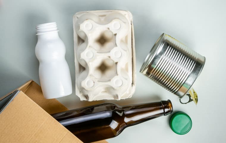 Förpackningar av olika material på grå botten