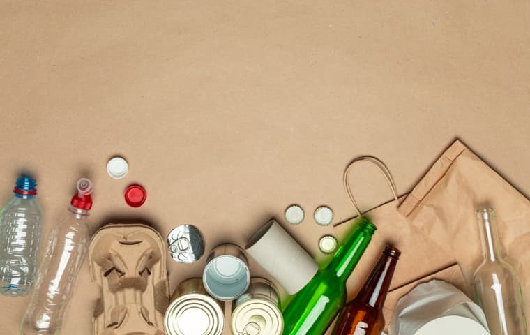 Förpackningar i olika materialslag mot en brun bakgrund.